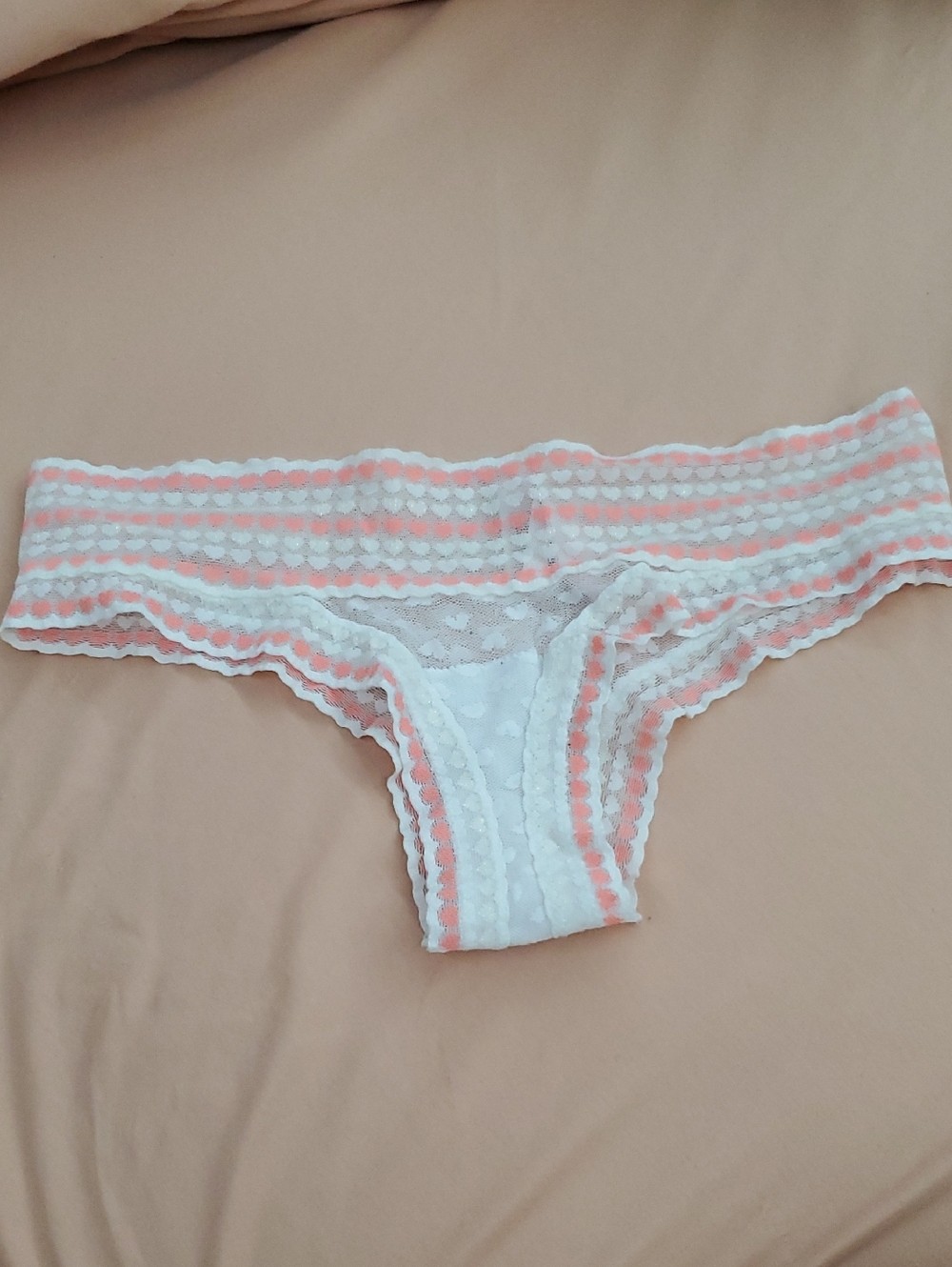 Victoria's Secret White and Coral Lace Cheeky Panty
